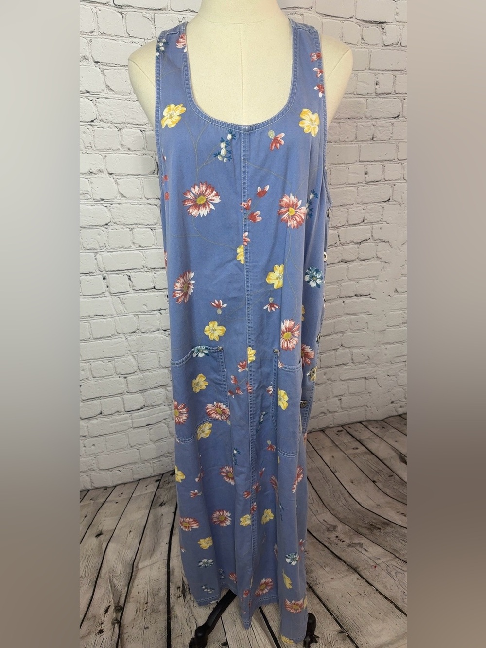 Vintage Express Floral Cotton Jumper Dress Large Made in Hong Kong Maxi